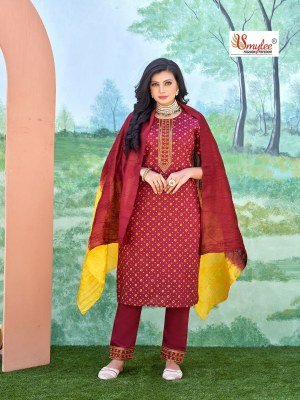 Smylee by sneha chanderi silk neck embroidery kurti pant and dupatta catalogue at wholesale price readymade suit catalogs