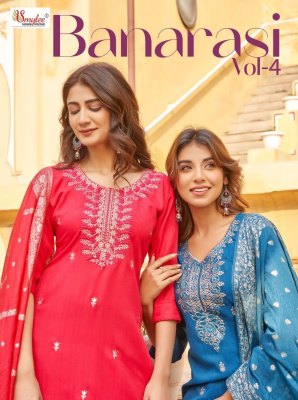 Smylee nx present banarasi vol 4 embroidered reyon kurti pant with dupatta catalogue at low rate Amavi