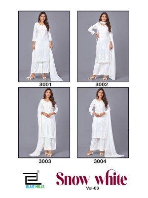 Snow white vol 3 by Blue hills White embroidered reyon readymade suit collection at low price readymade suit catalogs