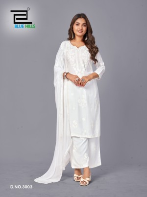 Snow white vol 3 by Blue hills White embroidered reyon readymade suit collection at low price readymade suit catalogs