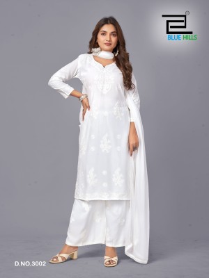 Snow white vol 3 by Blue hills White embroidered reyon readymade suit collection at low price readymade suit catalogs