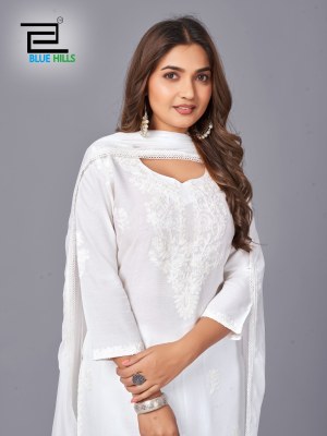 Snow white vol 3 by Blue hills White embroidered reyon readymade suit collection at low price readymade suit catalogs