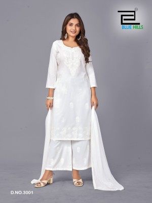 Snow white vol 3 by Blue hills White embroidered reyon readymade suit collection at low price readymade suit catalogs