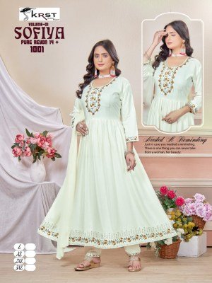 Sofia  3Pcs Vol New Pure Reyon Long Ghera Kurti Set with Work Dupatta Neptol Design Wholesale Catalogs  kurtis catalogs