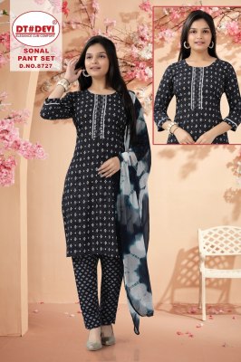 Sonal pant by DNo 8727 Reyon printed readymade kurti pant and dupatta catalogue at low price kurti pant with dupatta Catalogs