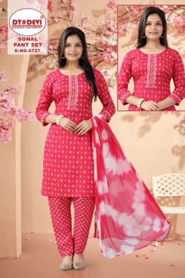 Sonal pant by DNo 8727 Reyon printed readymade kurti pant and dupatta catalogue at low price kurti pant with dupatta Catalogs