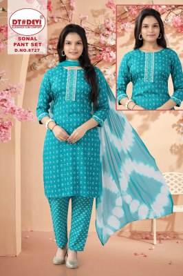 Sonal pant by DNo 8727 Reyon printed readymade kurti pant and dupatta catalogue at low price kurti pant with dupatta Catalogs