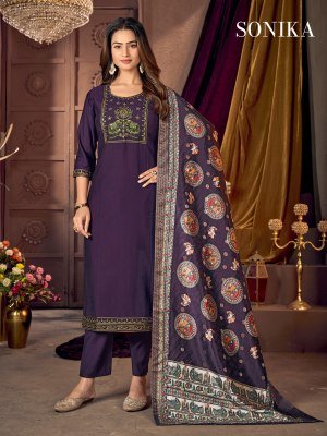 Sonika Vertican Silk Suit Heavy Embroidery And Jacquard Dupatta readymade suit catalogs