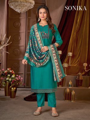 Sonika Vertican Silk Suit Heavy Embroidery And Jacquard Dupatta readymade suit catalogs