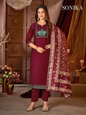 Sonika Vertican Silk Suit Heavy Embroidery And Jacquard Dupatta readymade suit catalogs