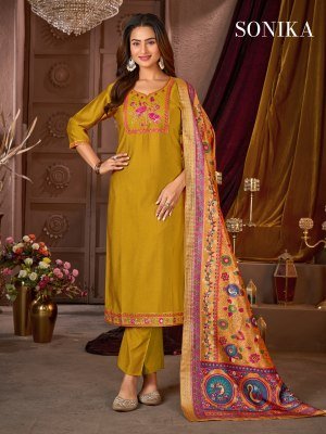 Sonika Vertican Silk Suit Heavy Embroidery And Jacquard Dupatta readymade suit catalogs