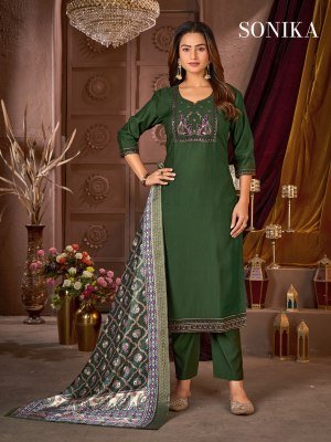 Sonika Vertican Silk Suit Heavy Embroidery And Jacquard Dupatta readymade suit catalogs