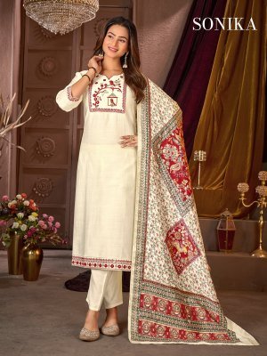 Sonika Vertican Silk Suit Heavy Embroidery And Jacquard Dupatta readymade suit catalogs