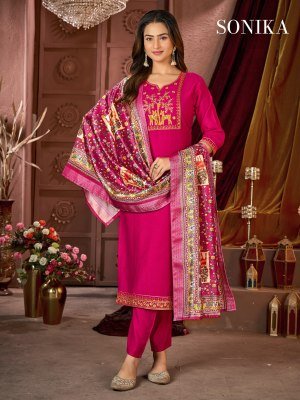 Sonika Vertican Silk Suit Heavy Embroidery And Jacquard Dupatta readymade suit catalogs