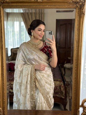 Space Satin Multi Sequence Beads Work Saree with Contrast Running Blouse 
