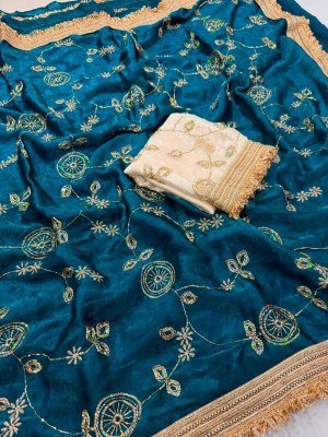 Space Satin Multi Sequence Beads Work Saree with Contrast Running Blouse sarees
