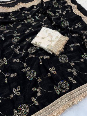 Space Satin Multi Sequence Beads Work Saree with Contrast Running Blouse sarees