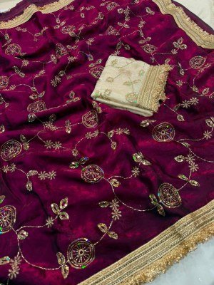 Space Satin Multi Sequence Beads Work Saree with Contrast Running Blouse sarees
