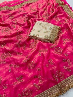 Space Satin Multi Sequence Beads Work Saree with Contrast Running Blouse sarees
