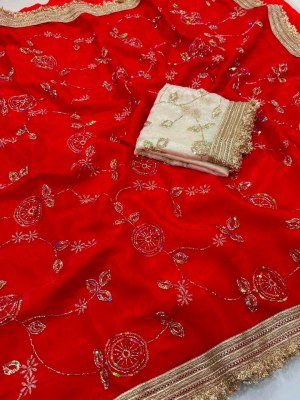 Space Satin Multi Sequence Beads Work Saree with Contrast Running Blouse sarees