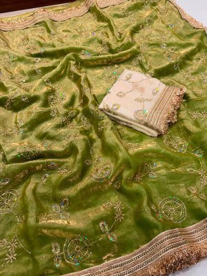 Space Satin Multi Sequence Beads Work Saree with Contrast Running Blouse sarees