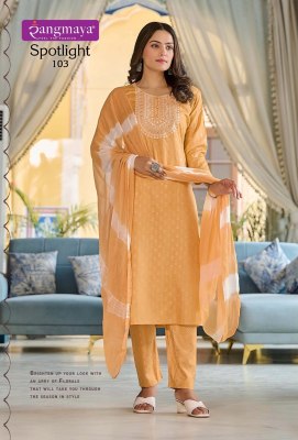 Spotlight by Rangmaya reyon slub printed kurti pant and dupatta catalogue at low rate readymade suit catalogs