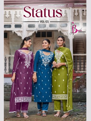 Status vol 3 by Bhavi Designer Heavy Reyon Fancy Work Kurti pant and dupatta at wholesale rate Amavi