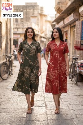 Style No. 202 Rayon Discharge Print A-Line Kurti Set with Pocket & Belt 