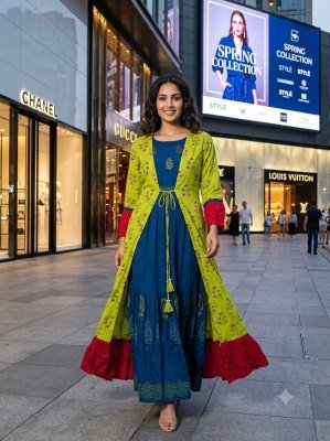 Stylish Long Jacket Flared Kurti Heavy Rayon Collection Size wise Combo Set