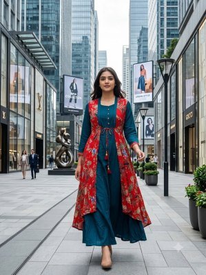 Stylish Long Jacket Flared Kurti Heavy Rayon Collection Size wise Combo Set
