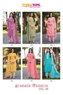 Summer fashion vol 5 by Tips and tops cotton printed kurti pant and dupatta catalogue at low rate readymade suit catalogs