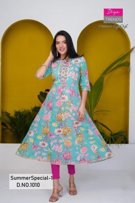 Summer special vol 1 by diya trends Pure Cotton Kali gown kurti collection in affordable rate kurtis catalogs
