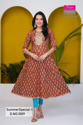 Summer special vol 1 by diya trends Pure Cotton Kali gown kurti collection in affordable rate kurtis catalogs