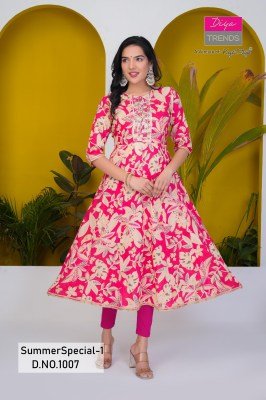 Summer special vol 1 by diya trends Pure Cotton Kali gown kurti collection in affordable rate kurtis catalogs