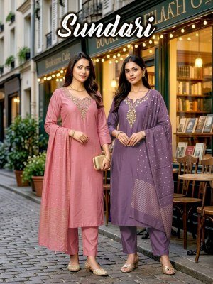 Sundari Heavy Shimmer Roman Silk Handwork Kurti Pant with Banarasi Jacquard Dupatta Amavi