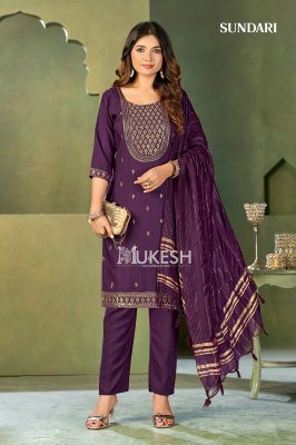Sundari Kurti Pant Dupatta Set Malai Crape Top And  Bottom with Pure Viscose Dupatta And Heavy Embroidery Wholesale kurti pant with dupatta Catalogs