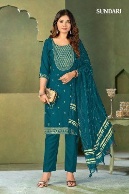 Sundari Kurti Pant Dupatta Set Malai Crape Top And  Bottom with Pure Viscose Dupatta And Heavy Embroidery Wholesale kurti pant with dupatta Catalogs
