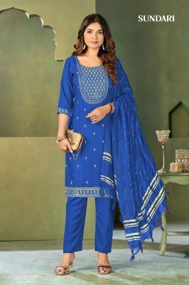 Sundari Kurti Pant Dupatta Set Malai Crape Top And  Bottom with Pure Viscose Dupatta And Heavy Embroidery Wholesale kurti pant with dupatta Catalogs