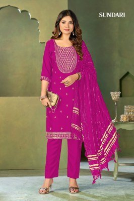 Sundari Kurti Pant Dupatta Set Malai Crape Top And  Bottom with Pure Viscose Dupatta And Heavy Embroidery Wholesale kurti pant with dupatta Catalogs
