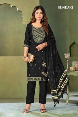 Sundari Kurti Pant Dupatta Set Malai Crape Top And  Bottom with Pure Viscose Dupatta And Heavy Embroidery Wholesale kurti pant with dupatta Catalogs
