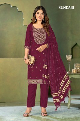 Sundari Kurti Pant Dupatta Set Malai Crape Top And  Bottom with Pure Viscose Dupatta And Heavy Embroidery Wholesale kurti pant with dupatta Catalogs