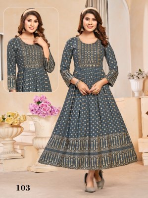 Supriya present Heavy reyon gold printed flared kurti catalogue Amavi
