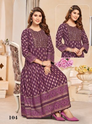 Supriya present Heavy reyon gold printed flared kurti catalogue kurtis catalogs