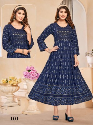 Supriya present Heavy reyon gold printed flared kurti catalogue kurtis catalogs