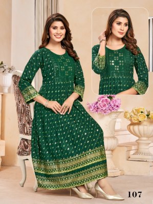Supriya present Heavy reyon gold printed flared kurti catalogue kurtis catalogs