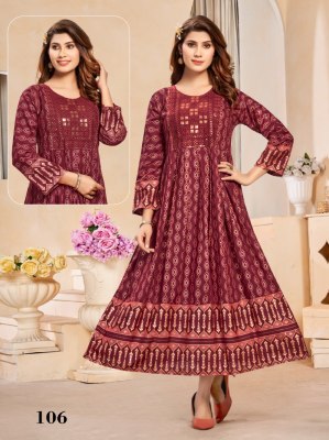 Supriya present Heavy reyon gold printed flared kurti catalogue kurtis catalogs