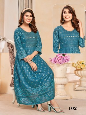 Supriya present Heavy reyon gold printed flared kurti catalogue kurtis catalogs