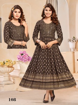 Supriya present Heavy reyon gold printed flared kurti catalogue kurtis catalogs