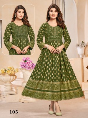 Supriya present Heavy reyon gold printed flared kurti catalogue kurtis catalogs