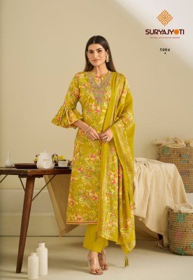 Suryajyoti Kora Vol 5 Pure Modal Unstitched Dress Material  Discharge Print with Foil And Fancy Neck Work Top Dyed Bottom And Discharge Print Dupatta  dress material catalogs